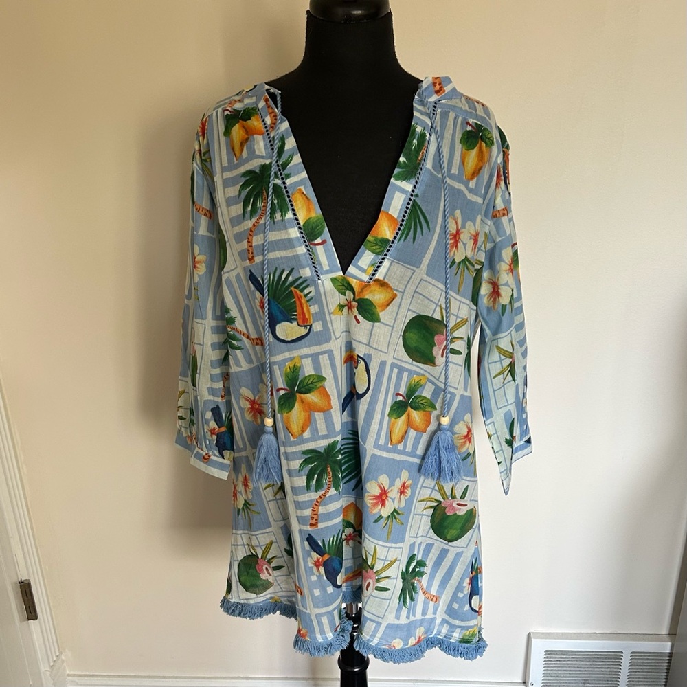 True Destinations Women’s Cover Up Resort Tropical Blue Floral Tunic Top. Size M - Picture 9 of 14